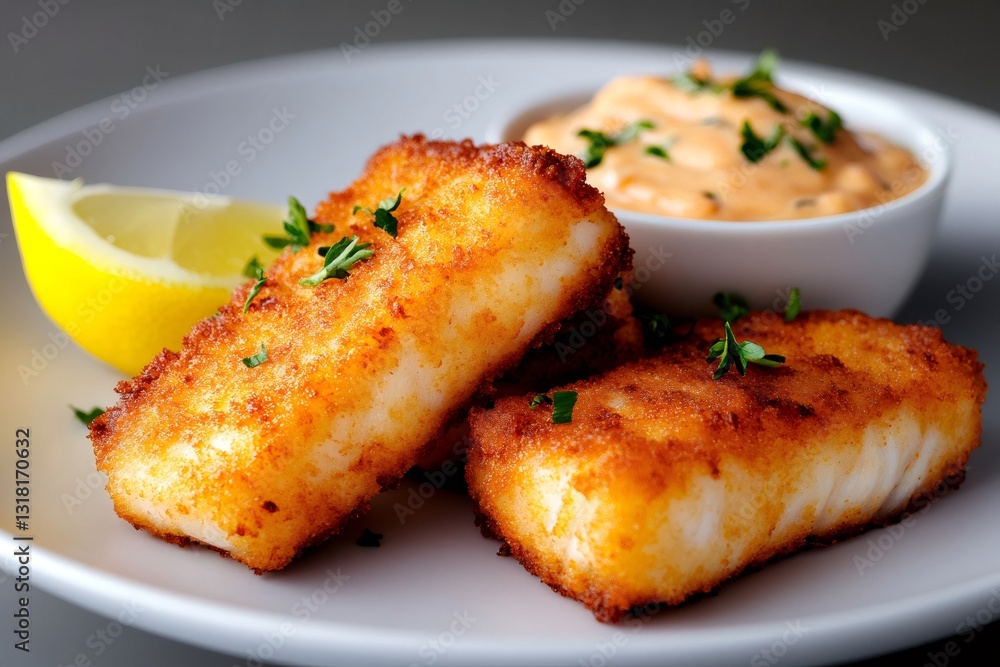Breaded fried fish fillets served with dipping sauce and lemon Breaded fried fish fillets served with dipping sauce and lemon