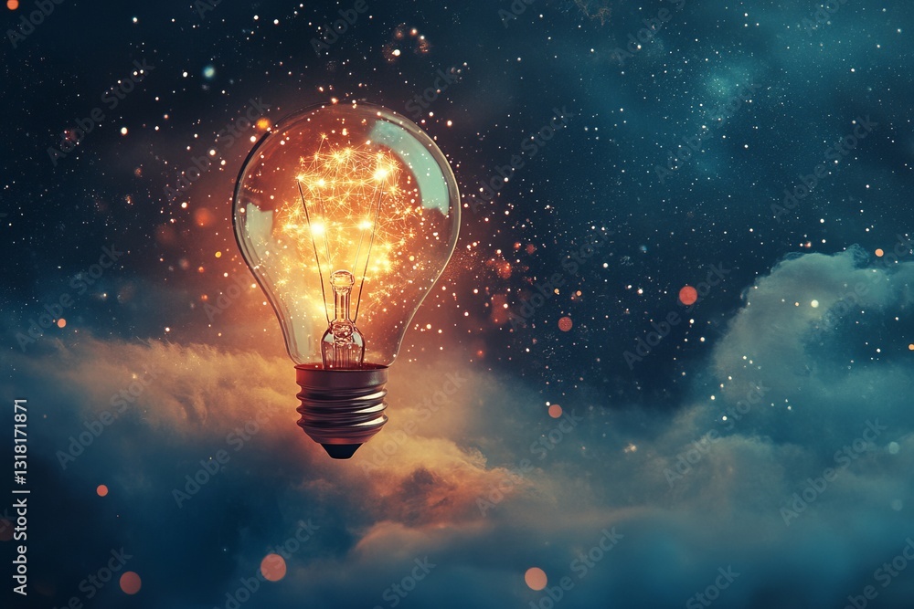 A light bulb is floating in the sky, surrounded by clouds A light bulb is floating in the sky, surrounded by clouds
