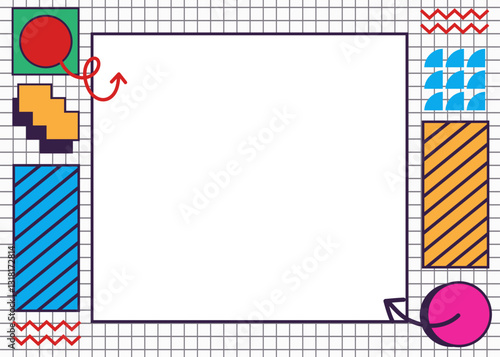 Retro 90s Memphis Frame Background with White Grid and Colorful Geometric Shapes