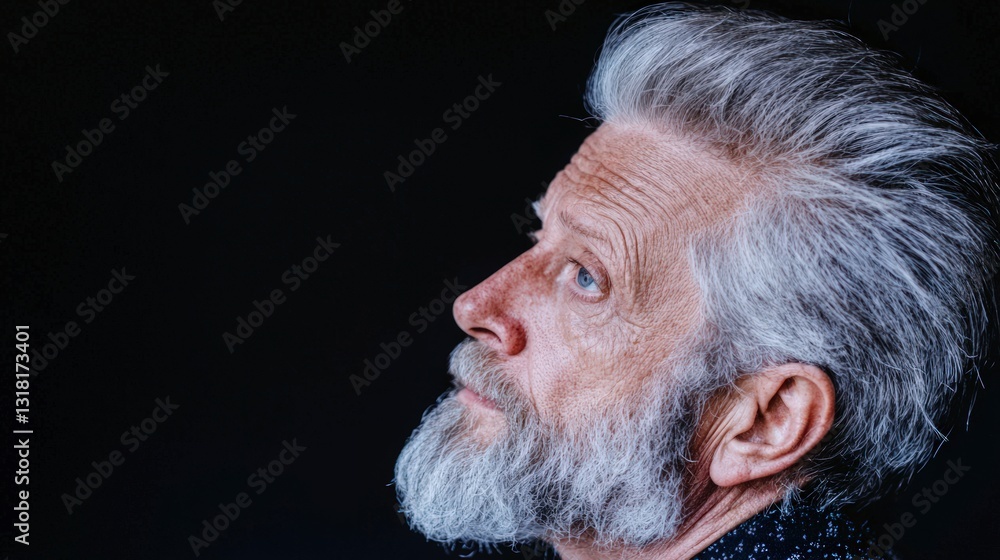 Obraz premium Contemplative Senior Man Profile Grey Hair Beard Black Background