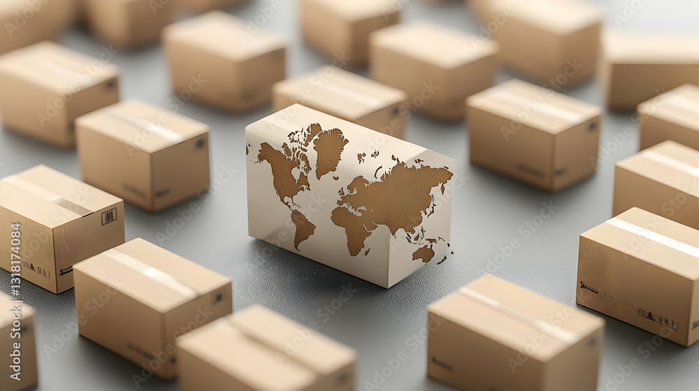 Fototapeta premium Global Shipping Concept Cardboard Boxes With World Map Depicting International Logistics And E-commerce Distribution On Gray Background