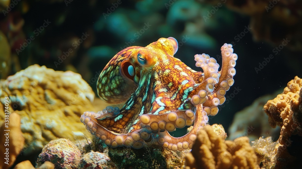 Close-up of an octopus showcasing its vibrant colors and textured skin Close-up of an octopus showcasing its vibrant colors and textured skin