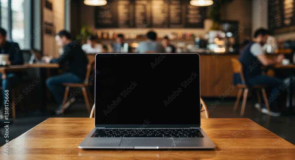 A stylish, modern laptop with a white blank screen, set on a coworking space table with an industrial-style background. The shot is slightly angled for a dynamic and realistic look A stylish, modern laptop with a white blank screen, set on a coworking space table with an industrial-style background. The shot is slightly angled for a dynamic and realistic look