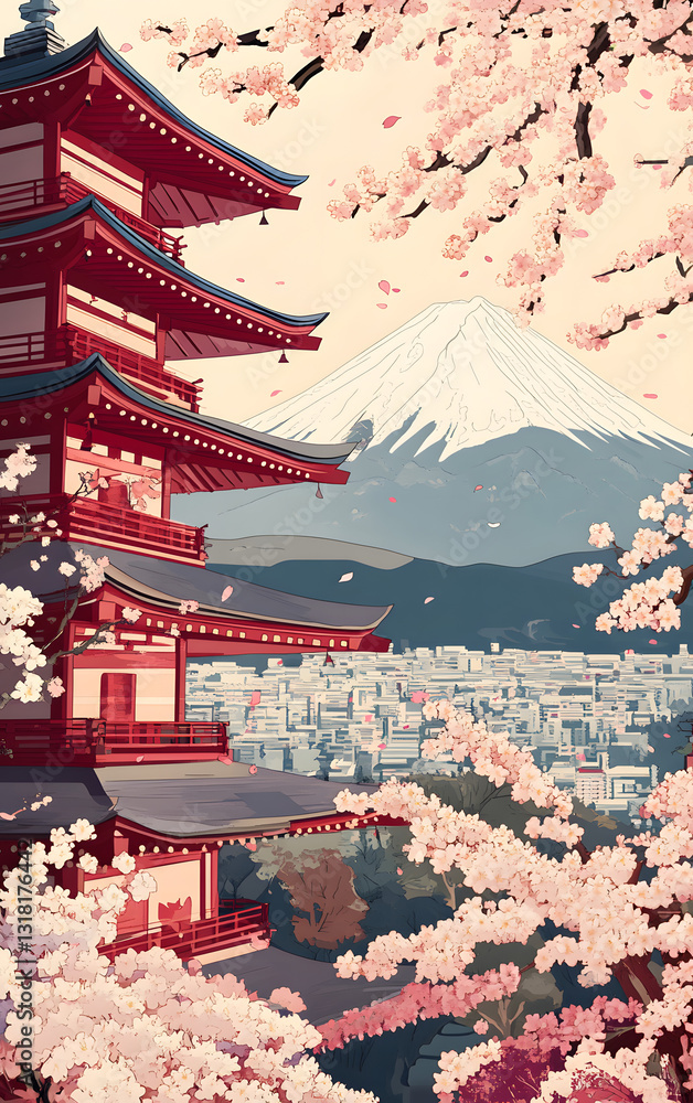 Fototapeta premium Japanese style background, A famous place in Japan with Chureito Pagoda and Mount Fuji during the spring