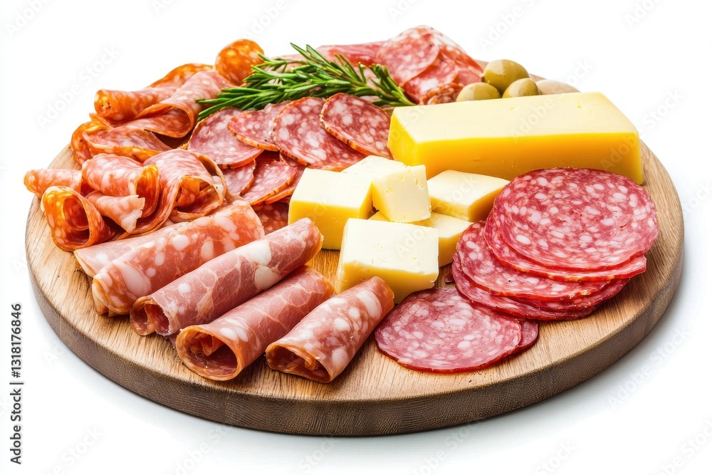 A variety of cured meats and cheeses arranged on a wooden platter, garnished with olives and rosemary for a delightful presentation. A variety of cured meats and cheeses arranged on a wooden platter, garnished with olives and rosemary for a delightful presentation.