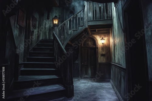 A dark hallway with a staircase and a door. The hallway is dimly lit and the door is closed