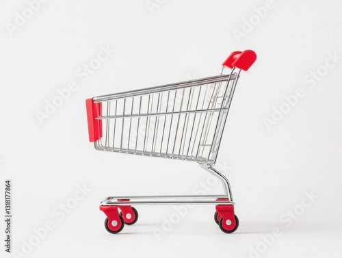 A simple shopping cart with red handles, positioned sideways against a plain white background.