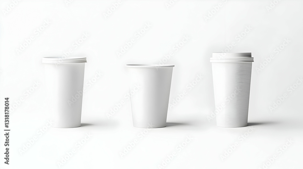 Three White Disposable Coffee Cups on a Bright White Background in a Studio Setting for Mockup Presentation Three White Disposable Coffee Cups on a Bright White Background in a Studio Setting for Mockup Presentation