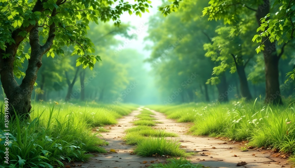 Fototapeta premium A dirt path winds through a lush green forest, surrounded by trees, celebrating World Environment Day