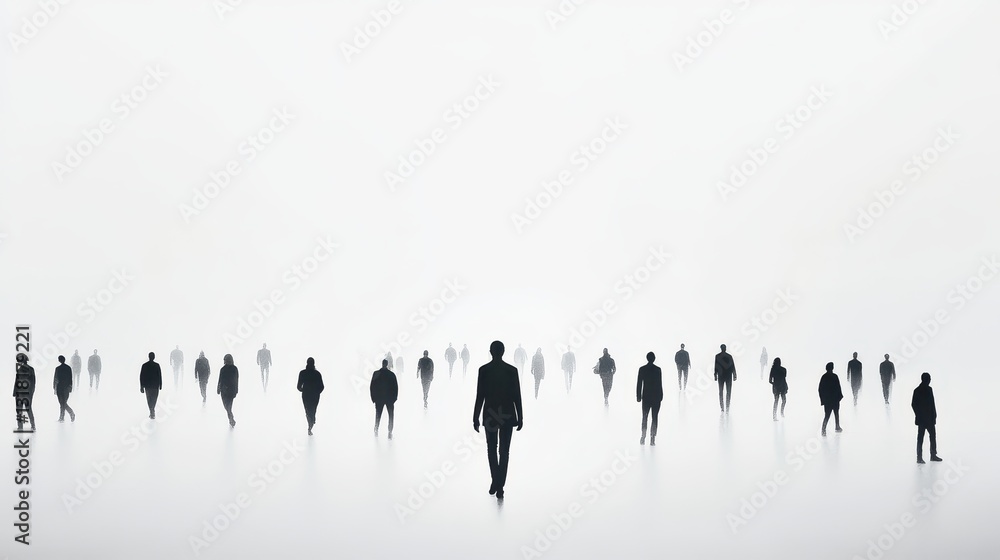 Naklejka premium Colorful silhouette pf person standing in monochrome crowd of different people,surreal unique and different concept,loneliness in society,shadow,freedom,Love,be yourself,Stand out from the crowd.