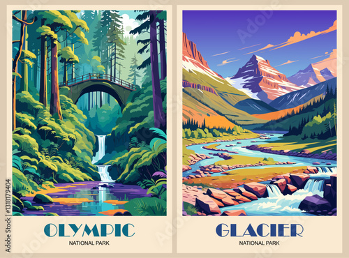WebSet of Retro National Parks posters, Vintage USA travel illustrations. Trendy printable wall art with beautiful american landscapes. Vector colorful illustrations.
