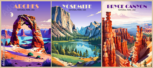 Set of Retro National Parks posters, Vintage USA travel illustrations. Trendy printable wall art with beautiful american landscapes. Vector colorful illustrations.
