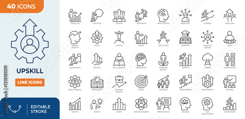 Upskill line editable icon set. Contains icons related to upskill, upskilling, personal growth, development, education, career, and more. Vector illustration