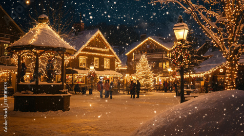 Christmas market scene with snow and lights photo