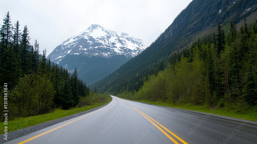 Fototapeta premium Scenic Mountain Road Winding Asphalt Forest Peaks Travel