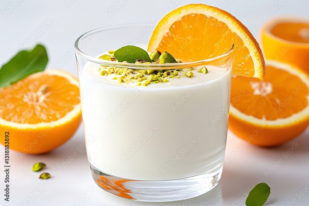 Creamy yogurt with orange slice and pistachios topping enhancing the flavor Creamy yogurt with orange slice and pistachios topping enhancing the flavor