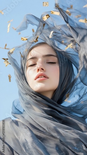 Woman, grey scarf, confetti, sky, serene