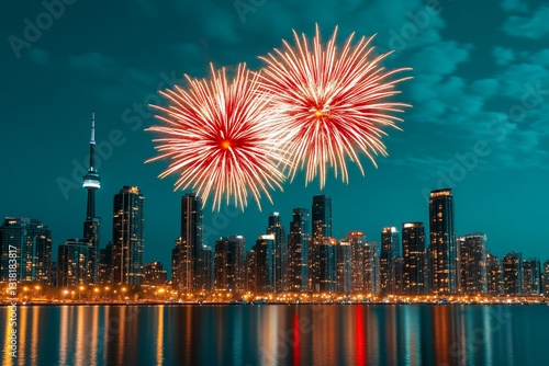 Night Cityscape With Fireworks Display And Water Reflections