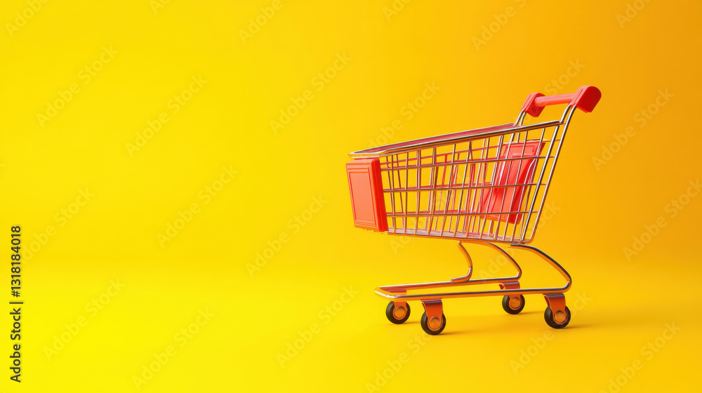 Red shopping cart on a yellow background Red shopping cart on a yellow background
