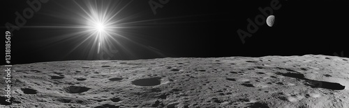 The lunar surface featuring a massive crater as a result of an asteroid impact, showing the aftermath with a dual canyon formation.