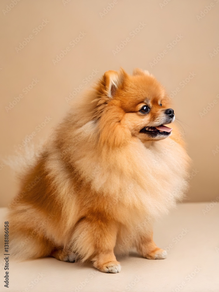 Adorable Fluffy Pomeranian Dog Sitting Studio Shot Against Beige Background Pet Animal Portrait Adorable Fluffy Pomeranian Dog Sitting Studio Shot Against Beige Background Pet Animal Portrait
