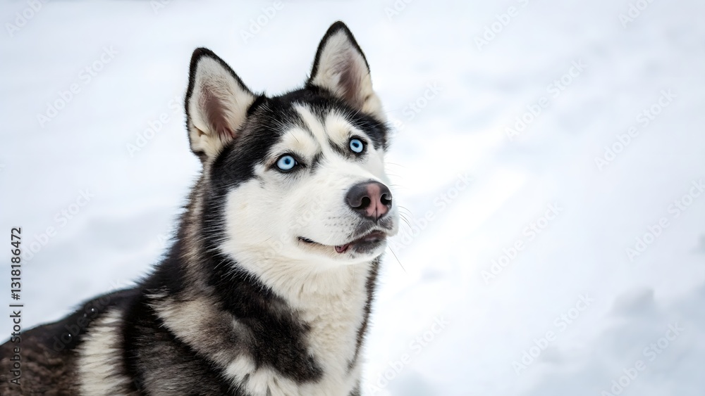 Adorable Siberian Husky Dog with Striking Blue Eyes in Snowy Winter Landscape Adorable Siberian Husky Dog with Striking Blue Eyes in Snowy Winter Landscape