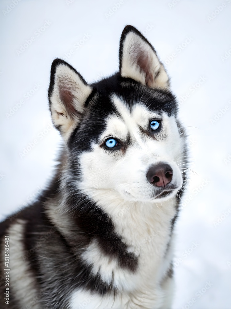 Adorable Siberian Husky Dog Portrait with Striking Blue Eyes in Snowy Winter Setting Adorable Siberian Husky Dog Portrait with Striking Blue Eyes in Snowy Winter Setting