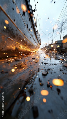 Shipyard welding sparks, urban backdrop