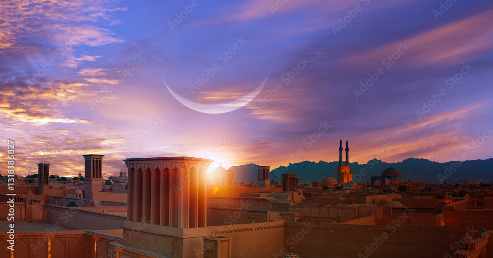 Φωτογραφία Historic city of Yazd with famous wind towers crescent moon in the background at