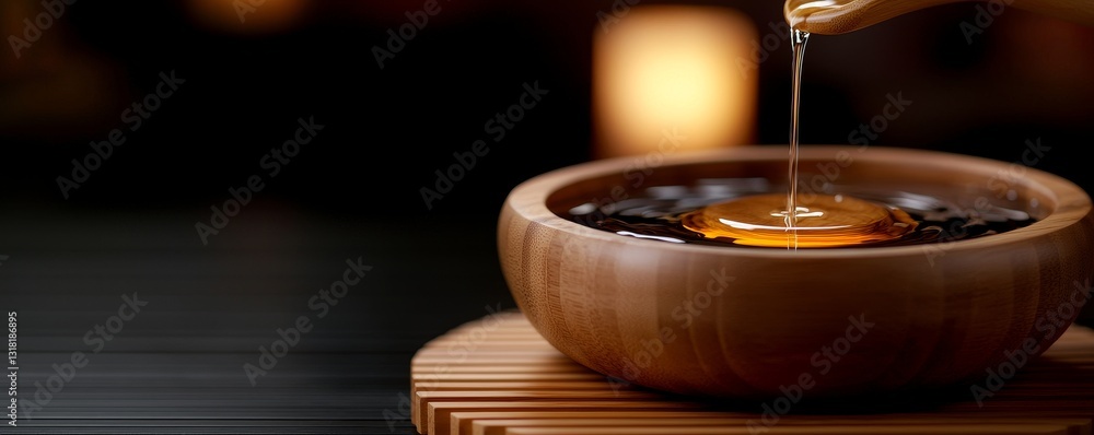 Fototapeta premium Golden Liquid Pouring into Wooden Bowl