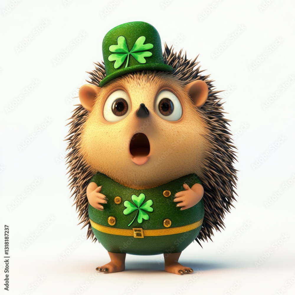 Surprised expression, hedgehog in festive gear, white. Surprised expression, hedgehog in festive gear, white.