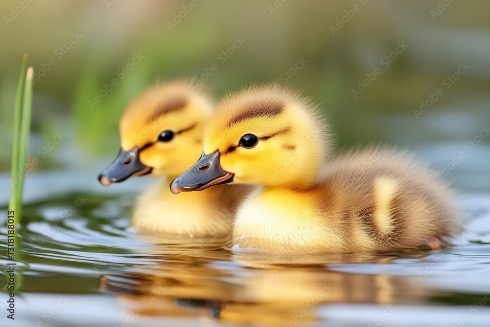 Two cute yellow ducklings swimming in a pond Two cute yellow ducklings swimming in a pond