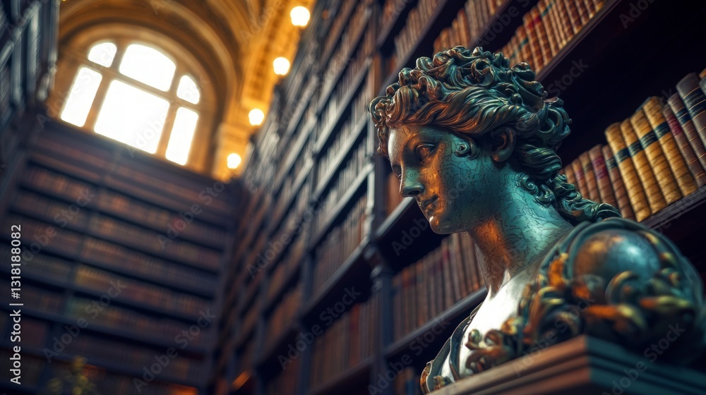 Obraz premium Sunlit Library with Antique Sculpture Law Books Justice Knowledge