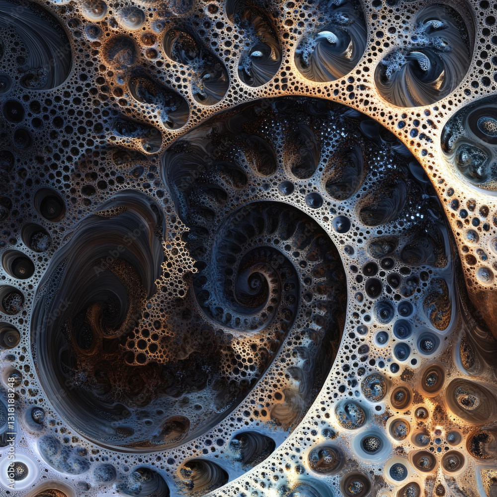 Intricate spiral structure with textured holes Intricate spiral structure with textured holes