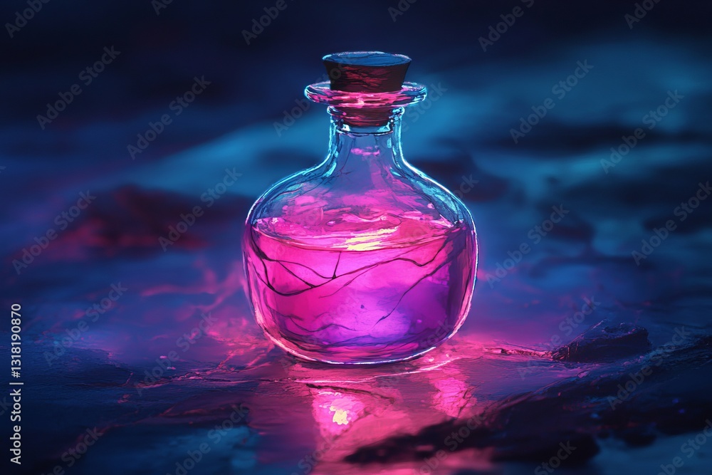 A captivating glass bottle filled with a glowing pink liquid, emitting a magical aura. Perfect for fantasy themes, decorations, or artistic projects. A captivating glass bottle filled with a glowing pink liquid, emitting a magical aura. Perfect for fantasy themes, decorations, or artistic projects.