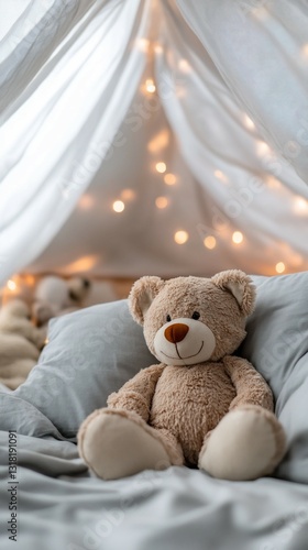 Teddy bear in cozy bed fort, fairy lights