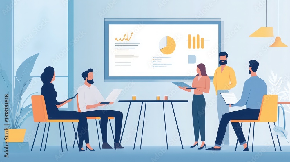 Professional colleagues presenting financial data during corporate business meeting Professional colleagues presenting financial data during corporate business meeting