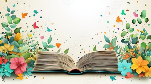 Open Book, Flowers, Flying Butterflies