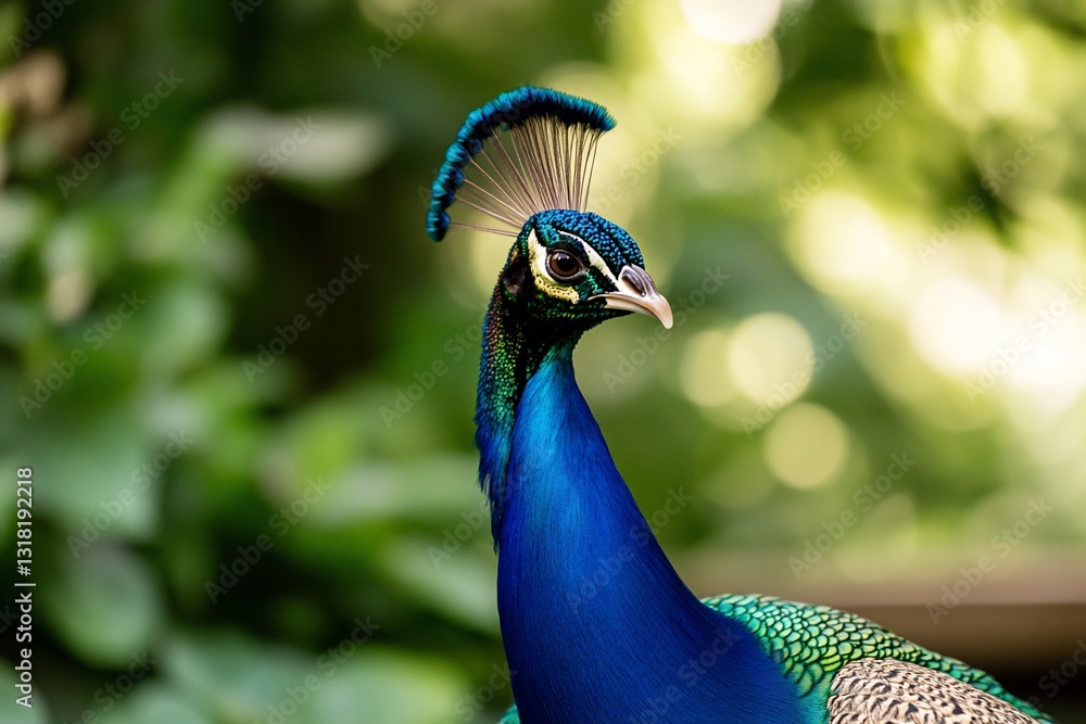 Obraz premium Peacock struts in forest, tail feathers blurred. Wildlife photography, ornithology