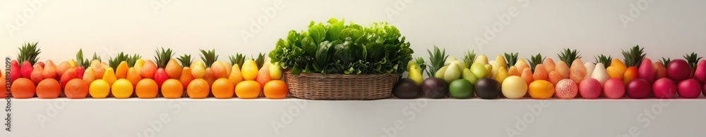A large display of various fruits and vegetables, arranged in rows on the right side with an empty white background A large display of various fruits and vegetables, arranged in rows on the right side with an empty white background