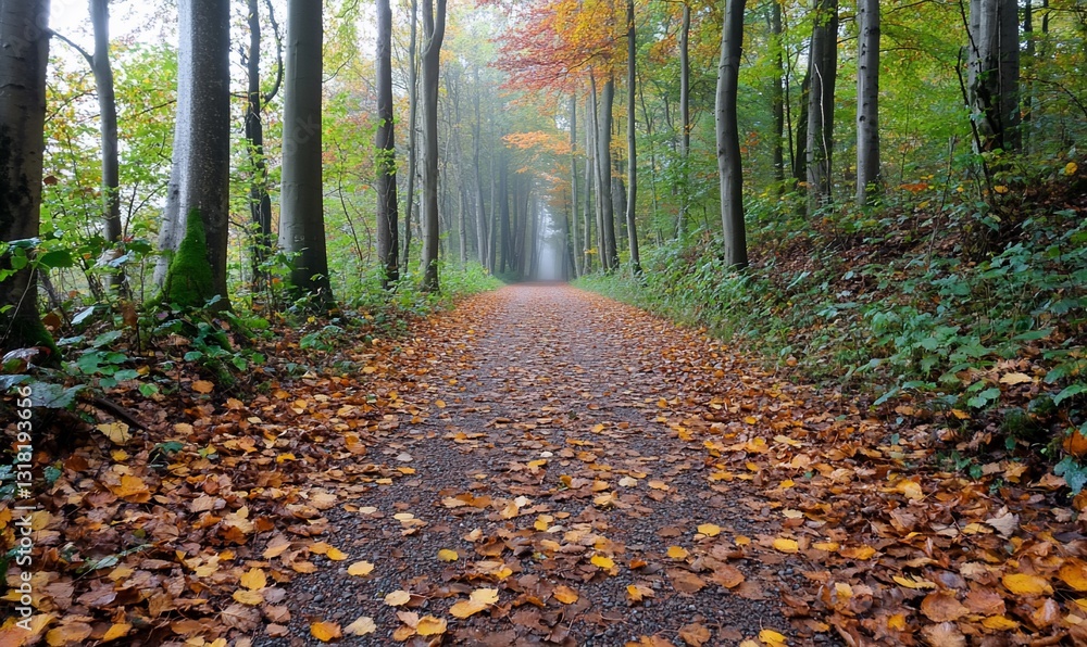 Obraz premium Autumn path through woods. Leaves cover ground. Mist softens background. Scenic