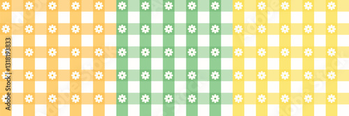 Easter Gingham pattern set in green, orange yellow. Seamless floral vichy checked plaid backgrounds for gift wrapping, dress, skirt, digital paper, or other modern holiday textile or paper design.