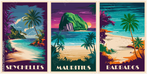 Set of Travel Destination Posters in retro style. Seychelles, Mauritius, Barbados digital prints. Exotic summer vacation, tropical holidays concept. Vintage vector colorful illustrations.