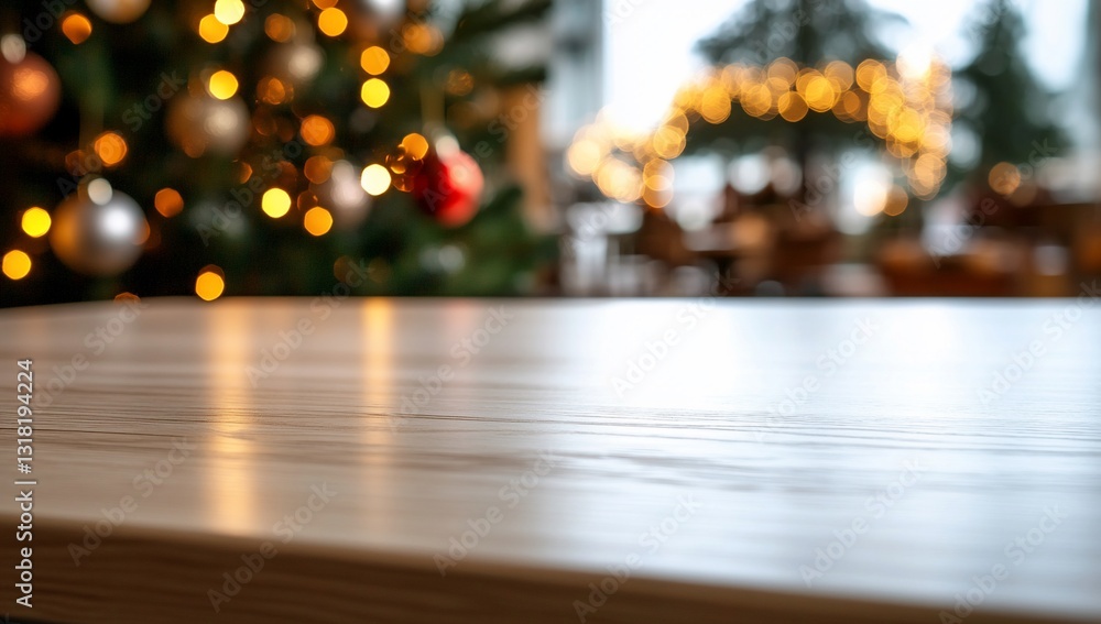 Table in focus at decorated cafe, christmas lights and people in background Table in focus at decorated cafe, christmas lights and people in background