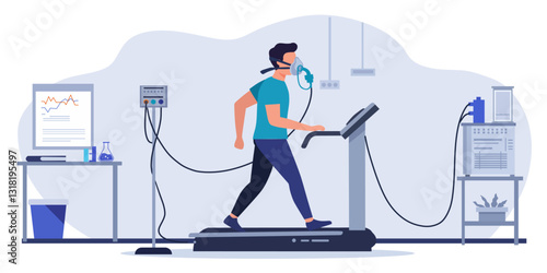 Man performing a treadmill stress test with an oxygen mask in a medical and sports research laboratory, monitored by advanced equipment