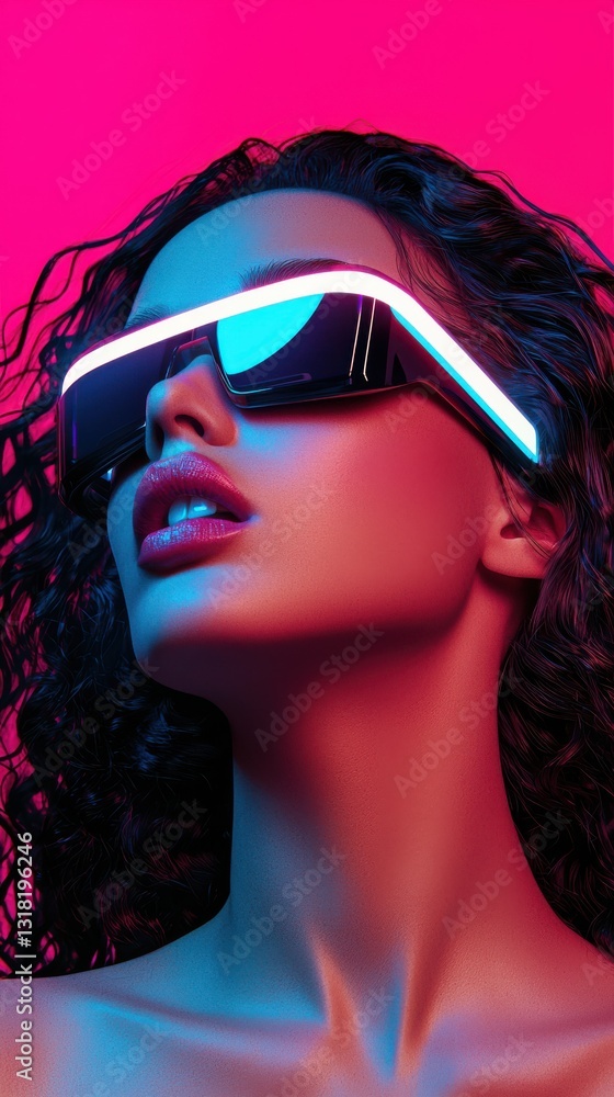 Naklejka premium Close-up of a person wearing illuminated futuristic glasses with blue-tinted lenses