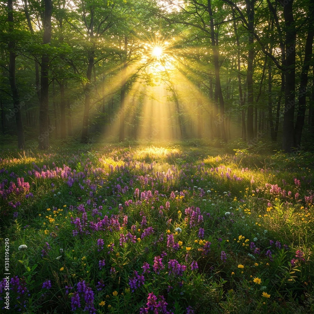 Fototapeta premium Sunlit Forest: A tranquil forest scene where radiant sunbeams pierce through the dense canopy, illuminating a vibrant array of wildflowers. A peaceful depiction of nature's splendor.
