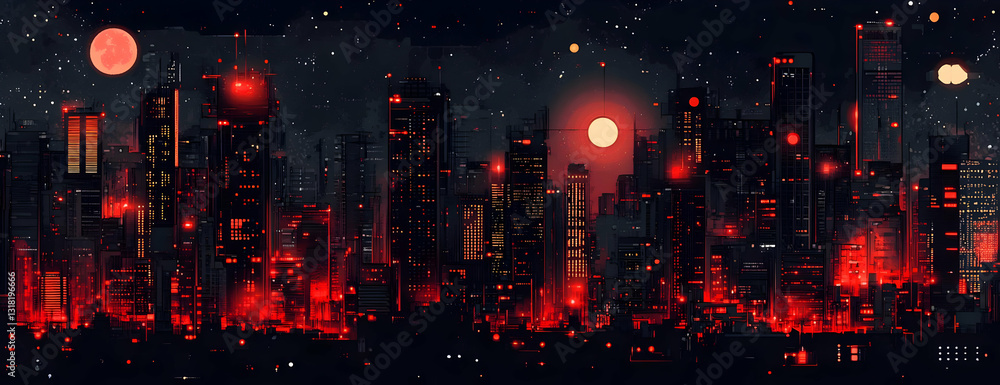 Fototapeta premium Red city night sky, futuristic buildings