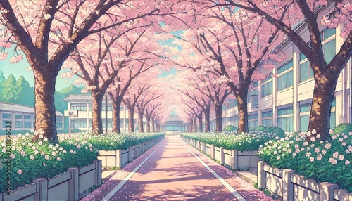 桜並木の通学路(漫画風