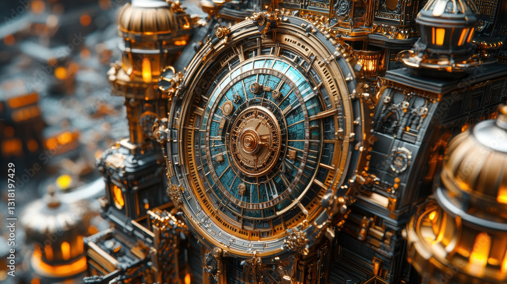 Fototapeta premium Steampunk Clockwork Architecture with Gold and Blue Accents